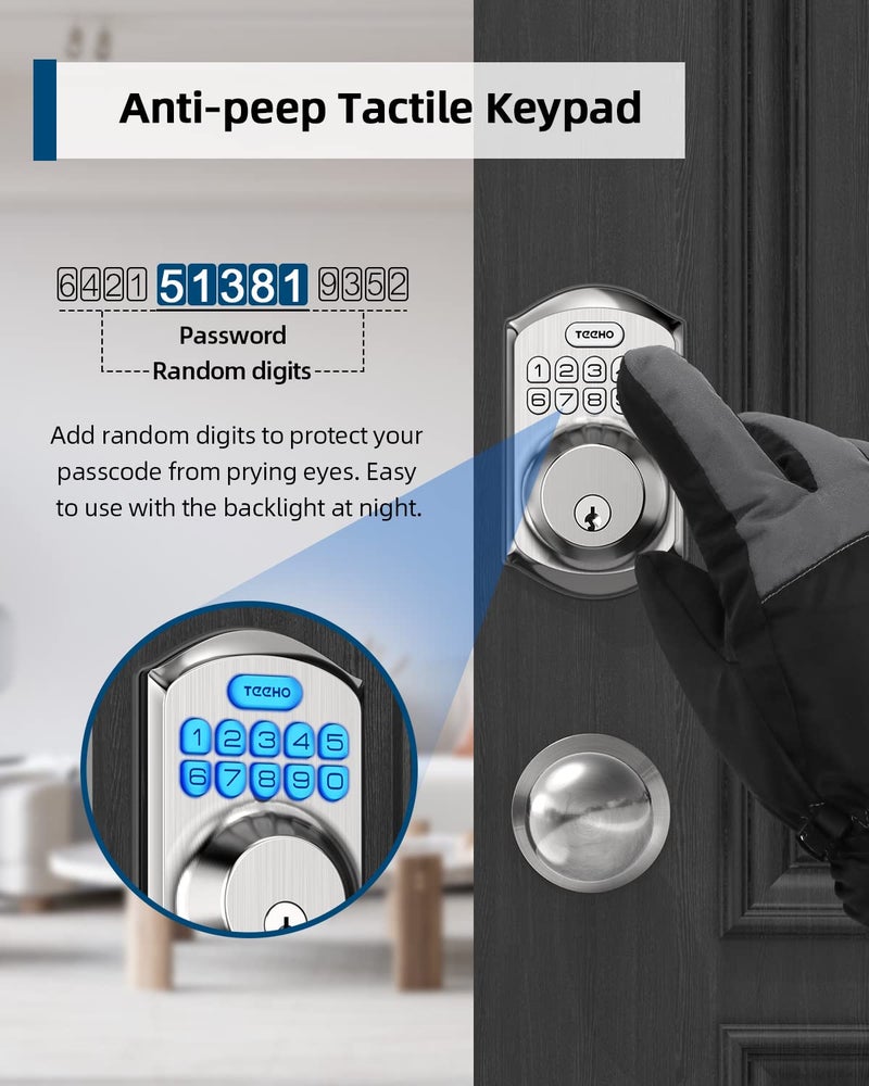 TEEHO Keyless Entry Door Lock with Handle - Electronic Keypad Deadbolt with Door Knob - Deadbolt Smart Lock for Front Door Lock Set - Auto Lock - Easy Installation - Satin Nickel - Image 5